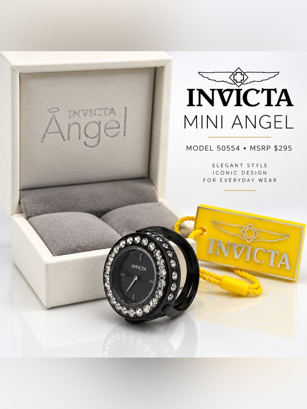 Invicta Mini Angel 50554 Crystal Ring Watch Black Quartz w/ Box & Tag